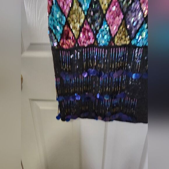 Vintage 80s Colorful Sequins Diamond Argyle Tassel Fringe Midi Dress Fla… - Picture 6 of 13